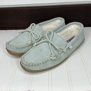 Moon Beams Slippers Womens 8M Light Blue Teal Suede Moccasin Slip On Shoes